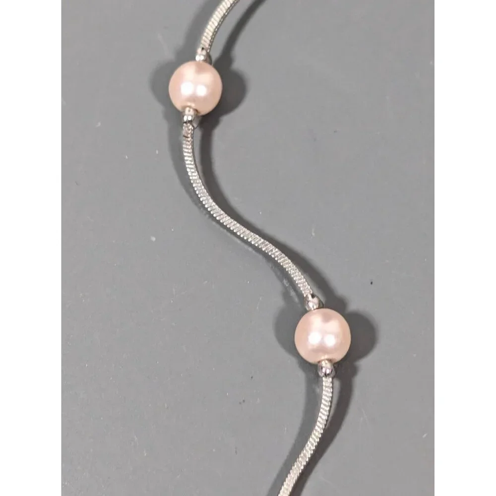 Silver Tone Faux Pearl Station Chain‎ Necklace Elegant Bridal Classic 19